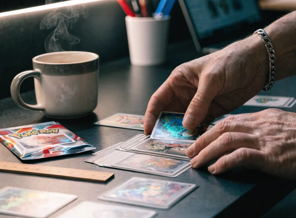 Collector examining foil cards and booster boxes at TCGVAULT