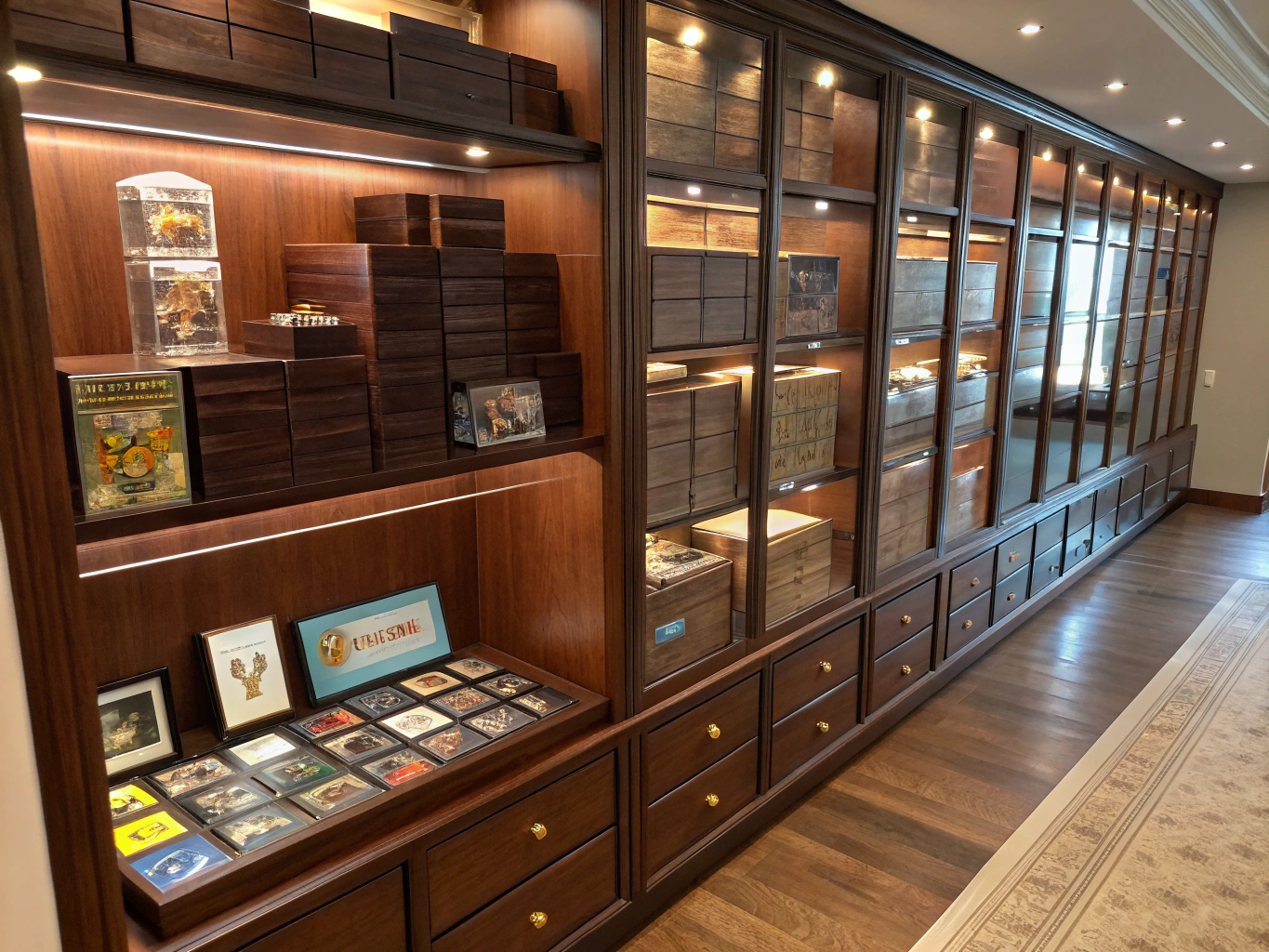 TCGVAULT shop display with booster boxes and trading card supplies